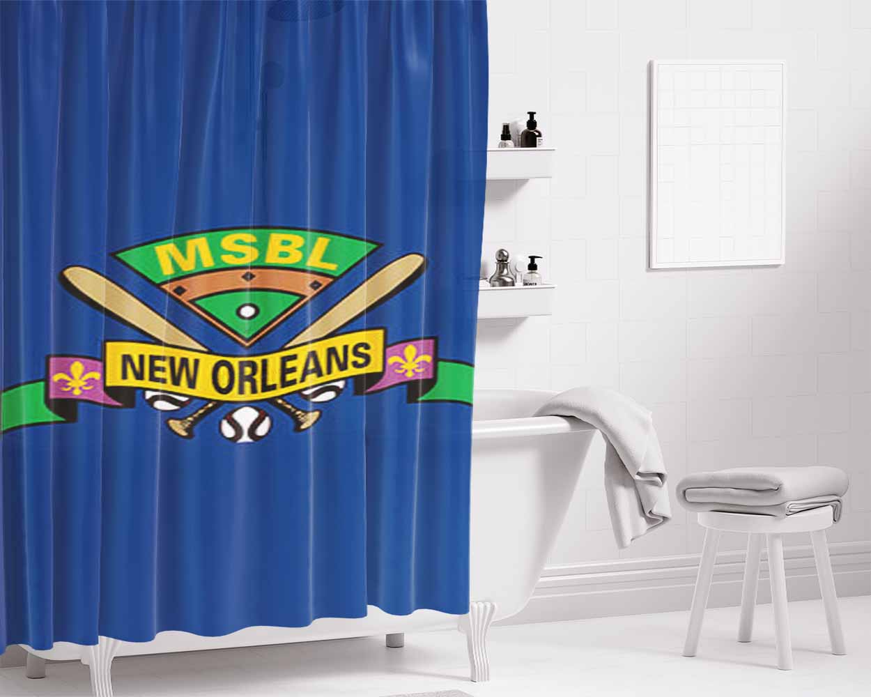 Msbl New Orleans Baseball Logo Blue Bathroom Shower Curtain Fabric Waterproof | 66 X 72 Inch