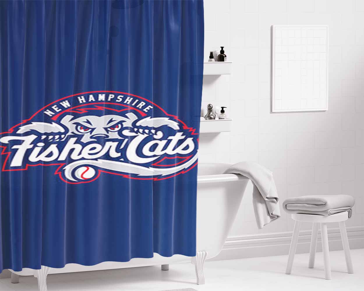 New Hampshire Fisher Cats Baseball Logo Blue Bathroom Shower Curtain Fabric Waterproof | 66 X 72 Inch