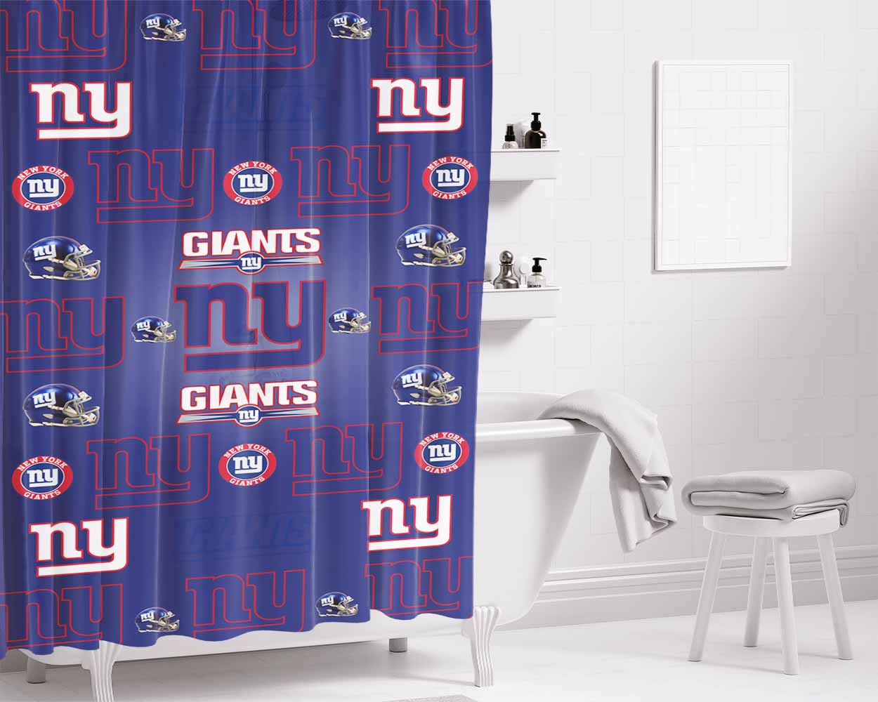 New York Giants Logo Pattern Blue Bathroom Shower Curtain Fabric Waterproof | 66 X 72 Inch