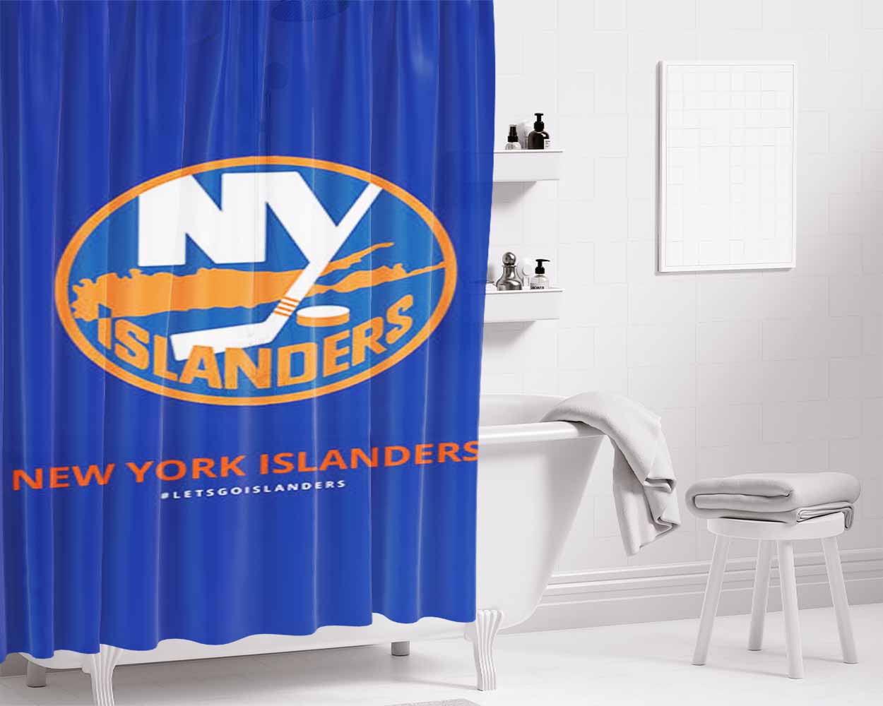 New York Islanders Lets Go Bathroom Shower Curtain Fabric Waterproof | 66 X 72 Inch