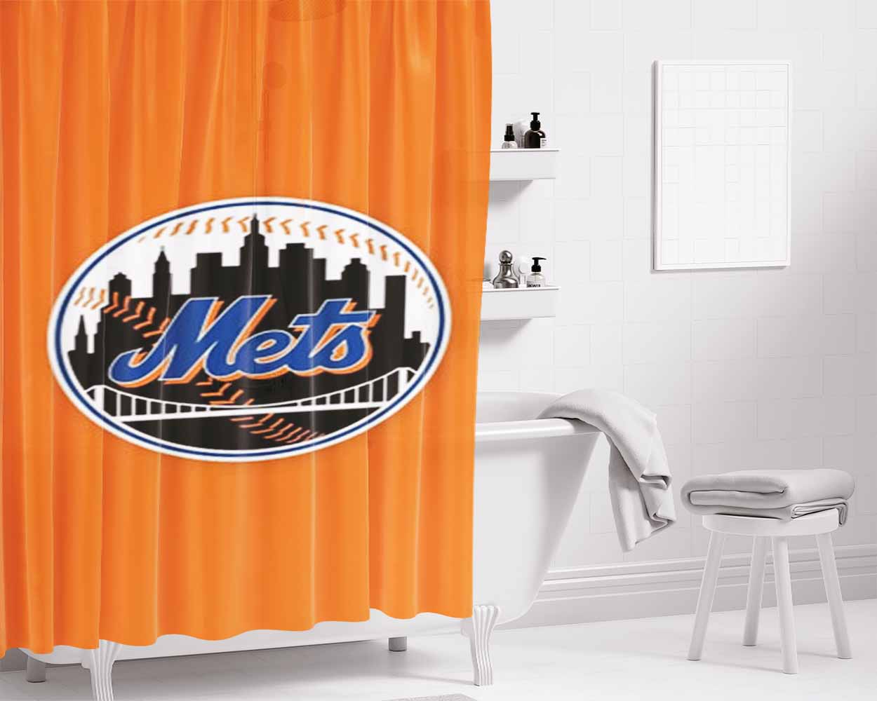New York Mets Ball Logo Bathroom Shower Curtain Fabric Waterproof | 66 X 72 Inch
