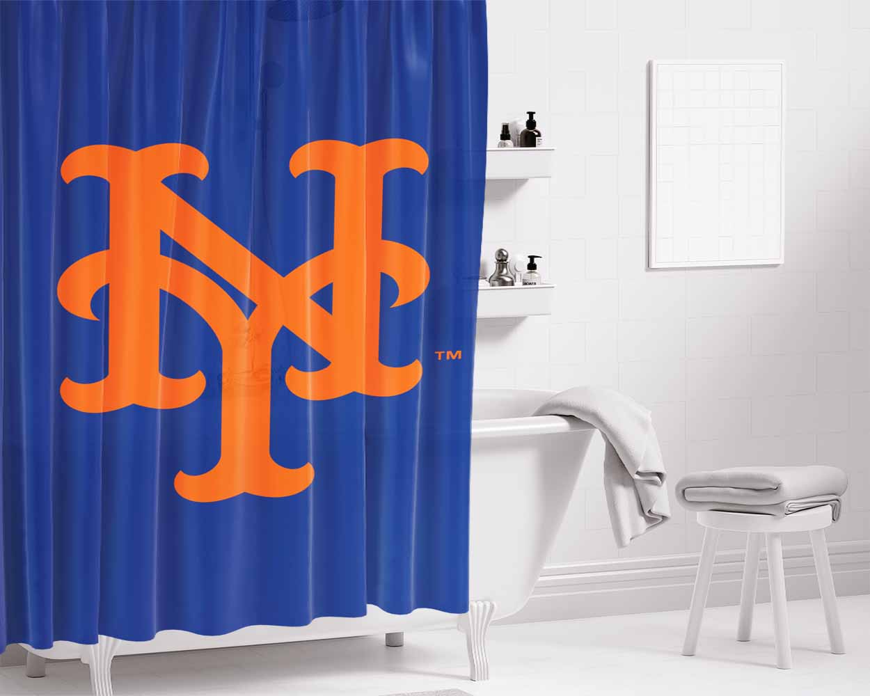 New York Mets Insignia Bathroom Shower Curtain Fabric Waterproof | 66 X 72 Inch