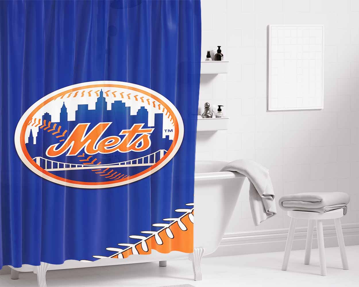 New York Mets Mlb 4 Bathroom Shower Curtain Fabric Waterproof | 66 X 72 Inch