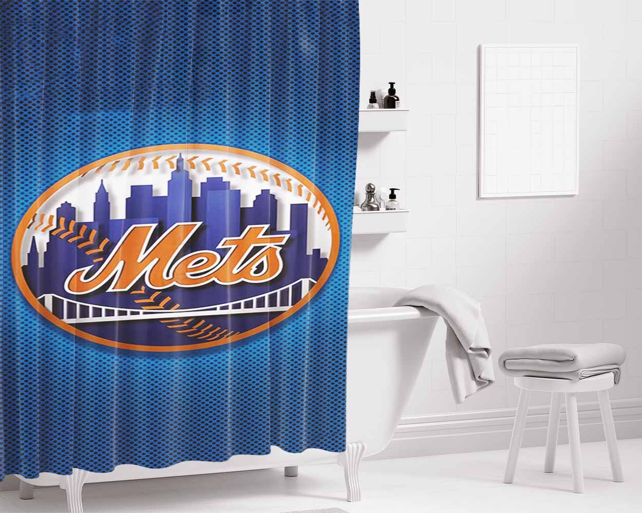 New York Mets Ny Logo Bathroom Shower Curtain Fabric Waterproof | 66 X 72 Inch