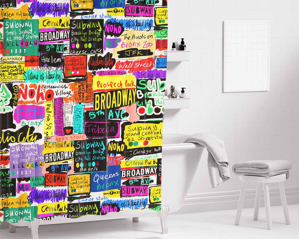 New York Words Design Bathroom Shower Curtain Fabric Waterproof | 66 X 72 Inch