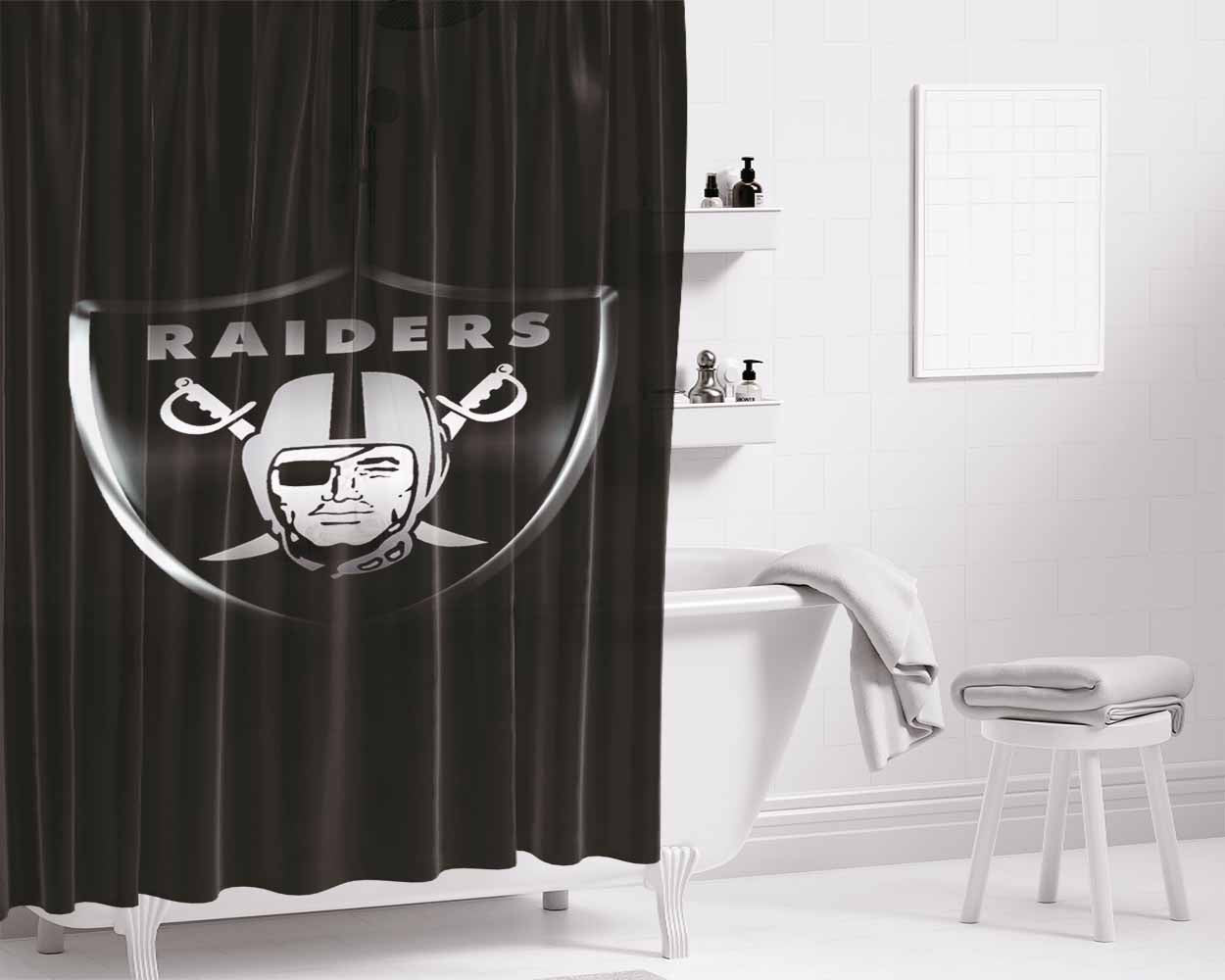 Oakland Raiders Logo Wallpapers Bathroom Shower Curtain Fabric Waterproof | 66 X 72 Inch