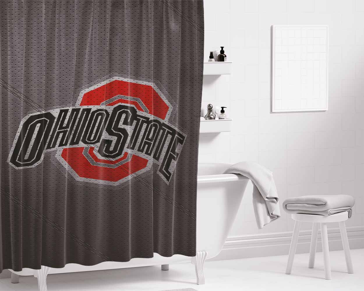 Ohio State Buckeyes Football Texture Bathroom Shower Curtain Fabric Waterproof | 66 X 72 Inch