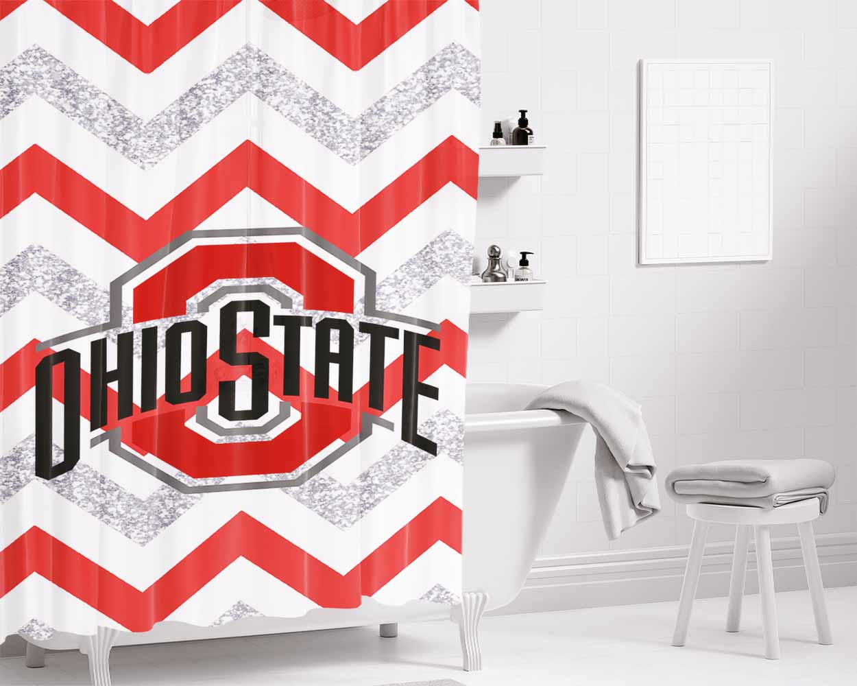 Ohio State Osu Red White Glitter Logo Bathroom Shower Curtain Fabric Waterproof | 66 X 72 Inch