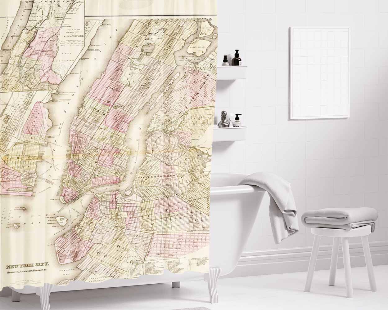 Old New York City Map Bathroom Shower Curtain Fabric Waterproof | 66 X 72 Inch