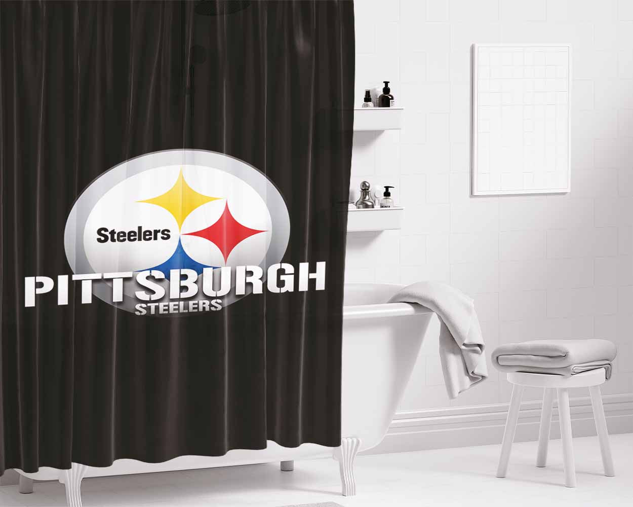 Pittsburgh Steelers Logo Black Wallpaper Bathroom Shower Curtain Fabric Waterproof | 66 X 72 Inch