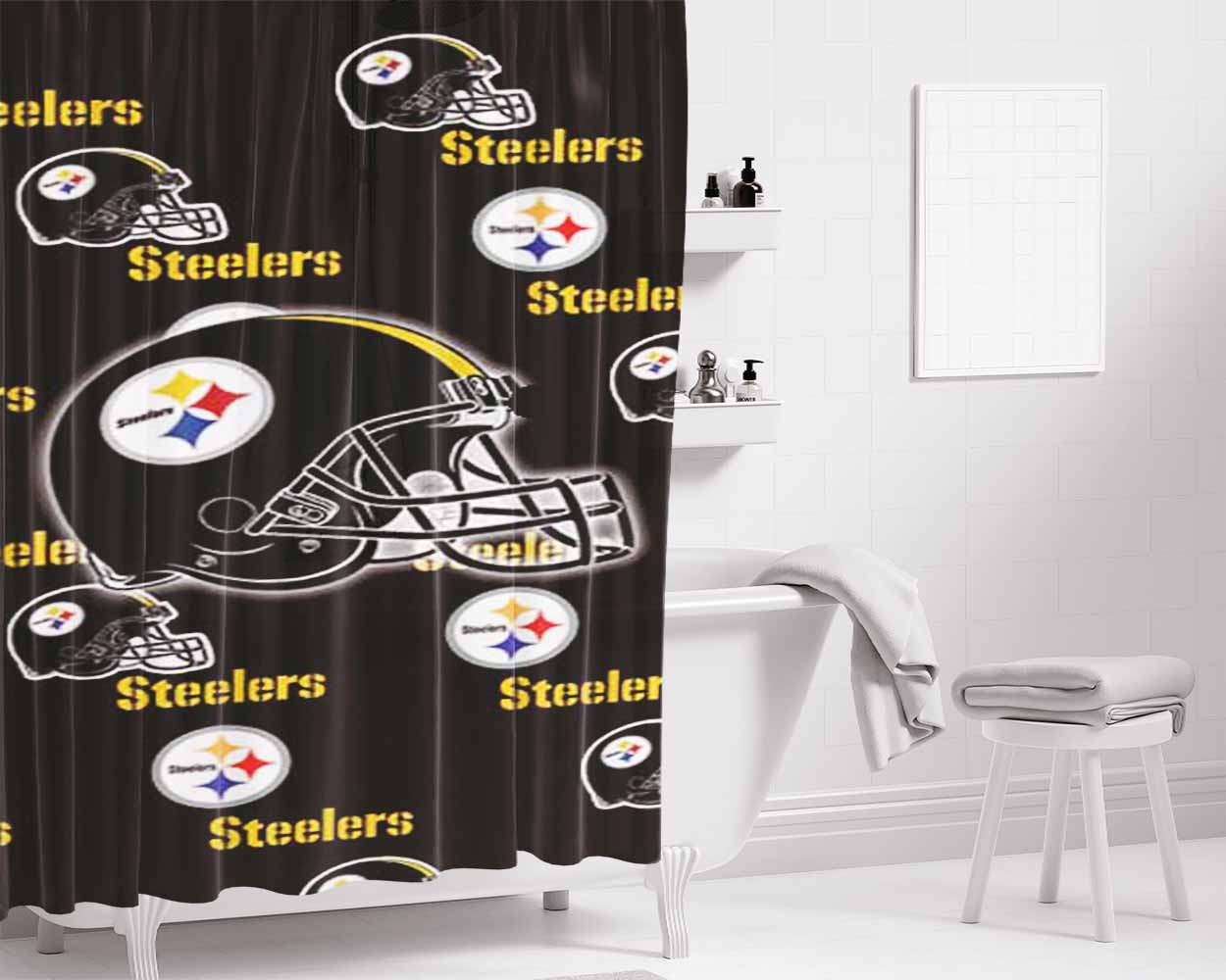 Pittsburgh Steelers Logos Helmets Bathroom Shower Curtain Fabric Waterproof | 66 X 72 Inch