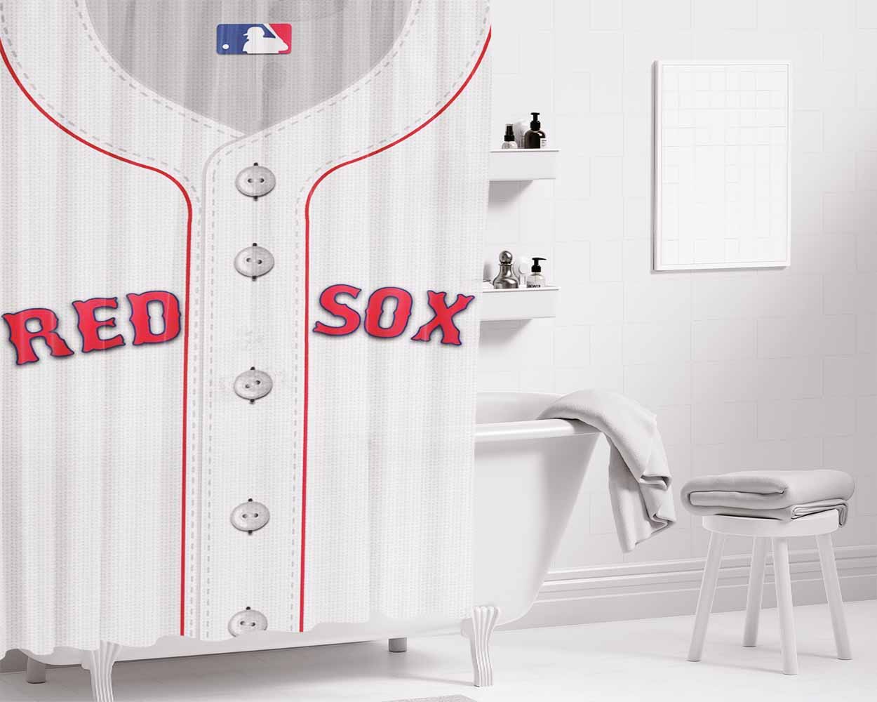 Red Sox Baseball Uniform Bathroom Shower Curtain Fabric Waterproof | 66 X 72 Inch
