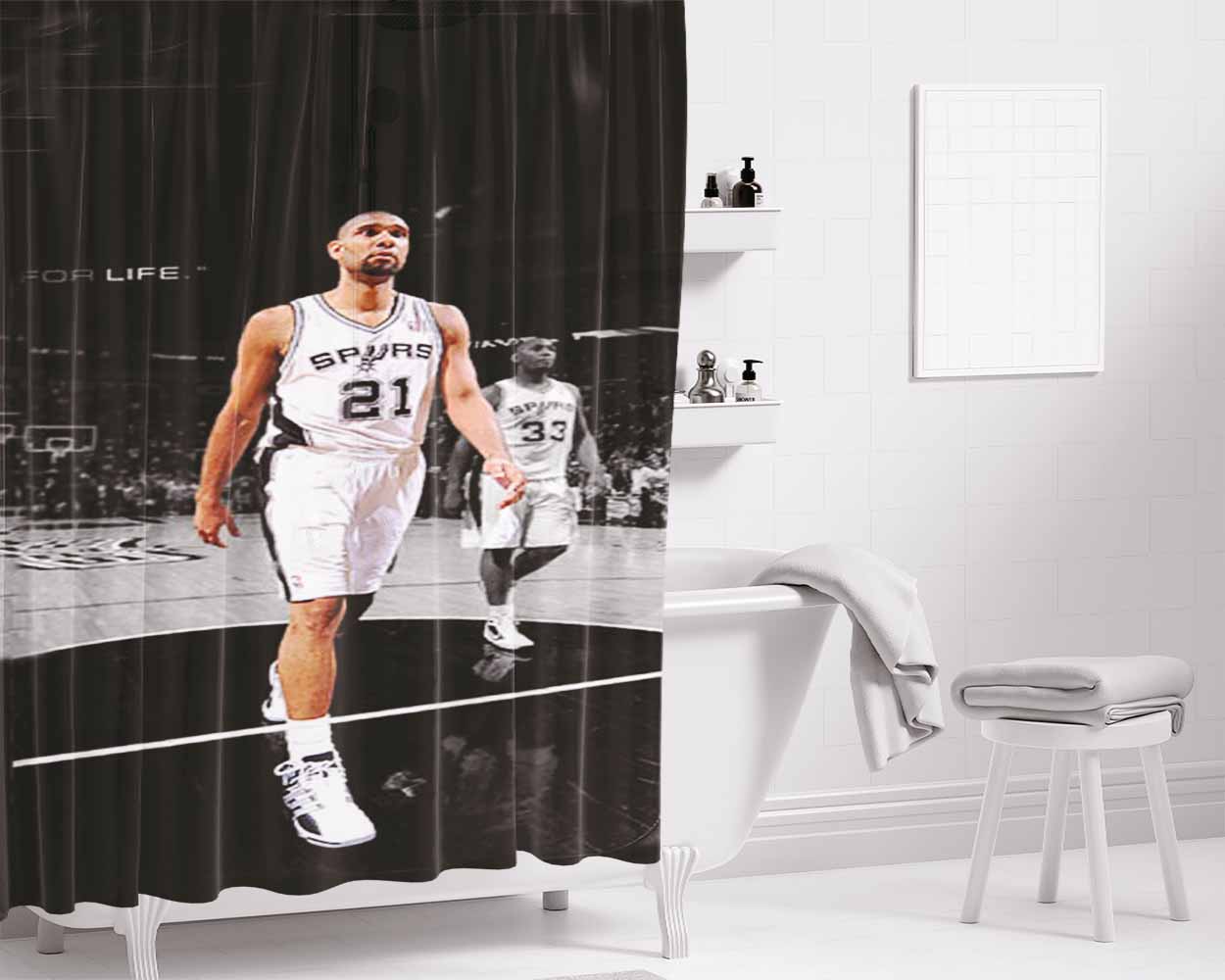 San Antonio Spurs Duncan Bathroom Shower Curtain Fabric Waterproof | 66 X 72 Inch