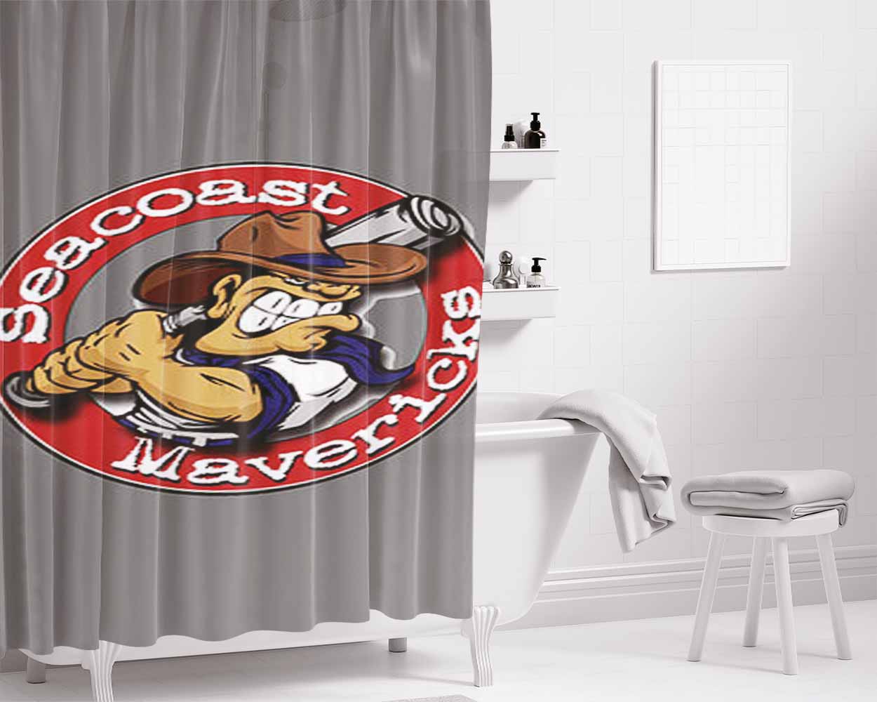 Seacoast Mavericks Baseball Logo Gray Bathroom Shower Curtain Fabric Waterproof | 66 X 72 Inch