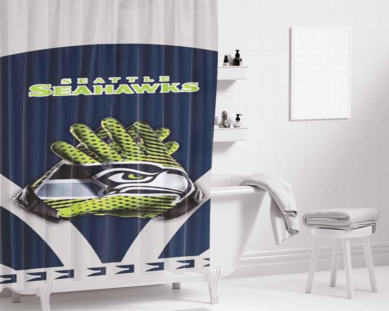 Seattle Seahawks Gloves Blue Grey Bathroom Shower Curtain Fabric Waterproof | 66 X 72 Inch