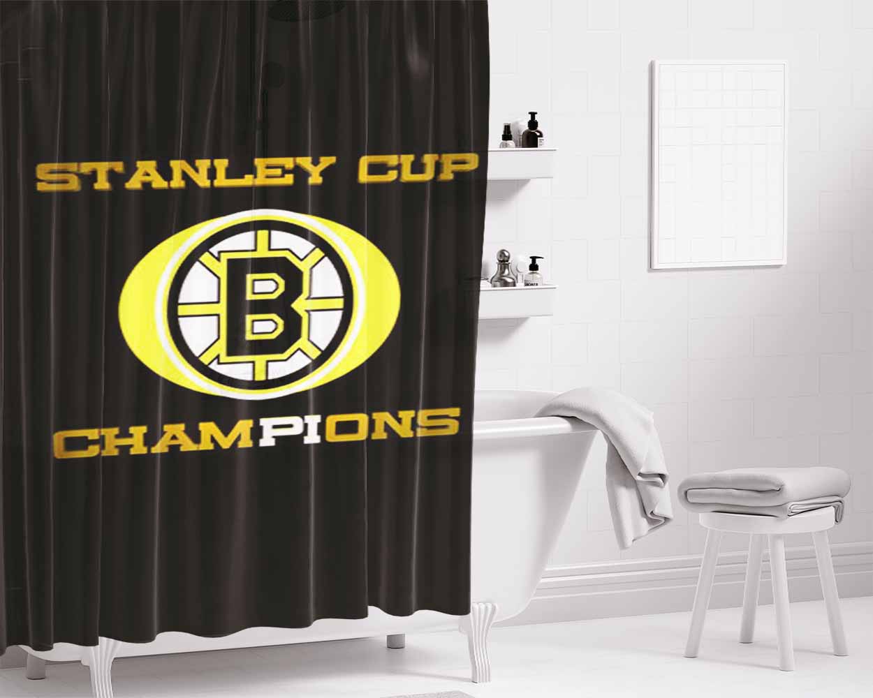 Stanley Cup Champions Boston Bruins Bathroom Shower Curtain Fabric Waterproof | 66 X 72 Inch