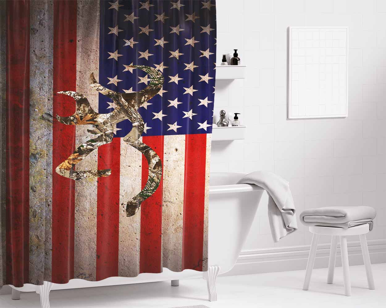 Vintage Flag Browning Deer Realtree Bathroom Shower Curtain Fabric Waterproof | 66 X 72 Inch