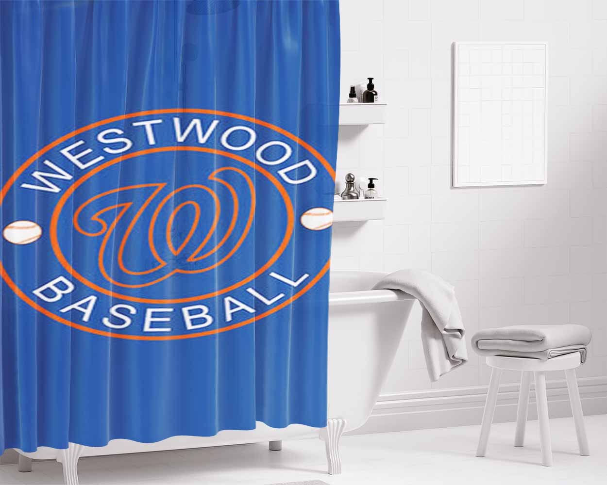 Westwood Baseball Logo Blue Bathroom Shower Curtain Fabric Waterproof | 66 X 72 Inch