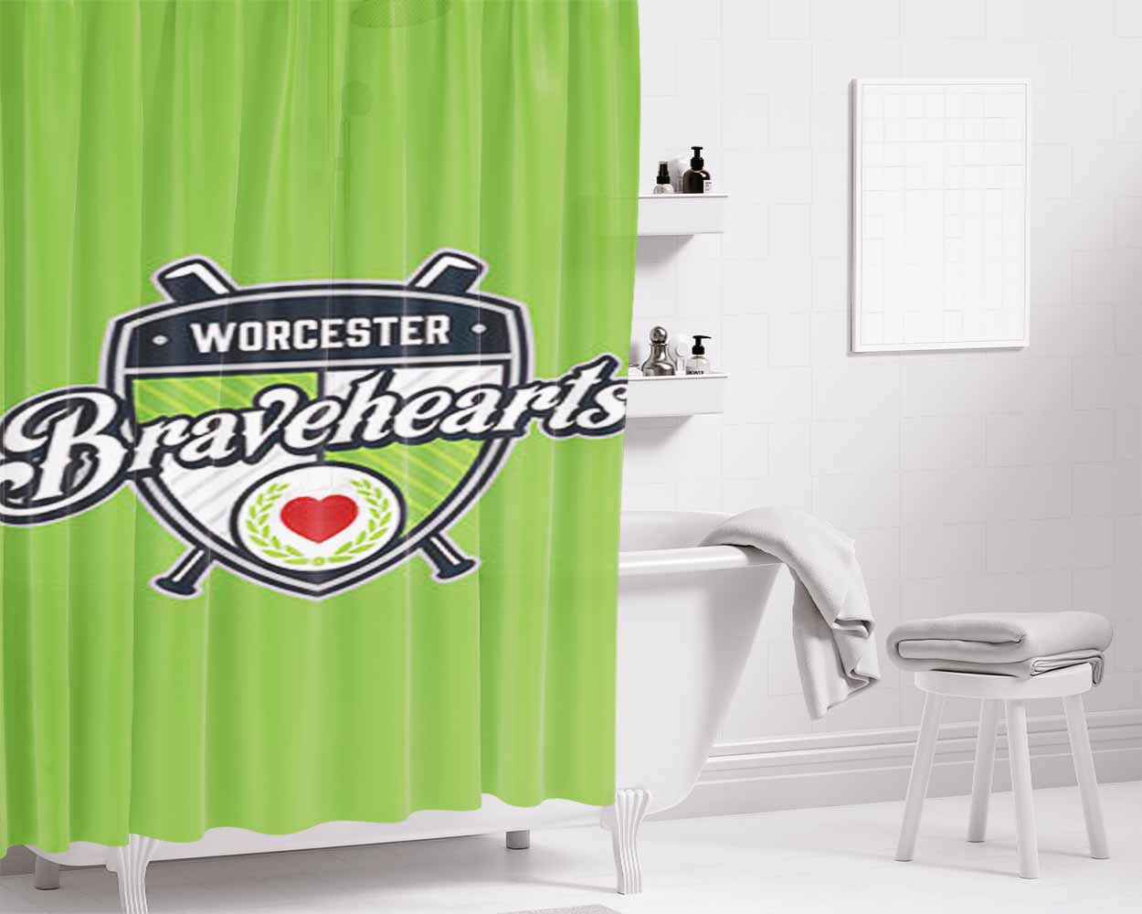 Worcester Bravehearts Baseball Logo Green Bathroom Shower Curtain Fabric Waterproof | 66 X 72 Inch