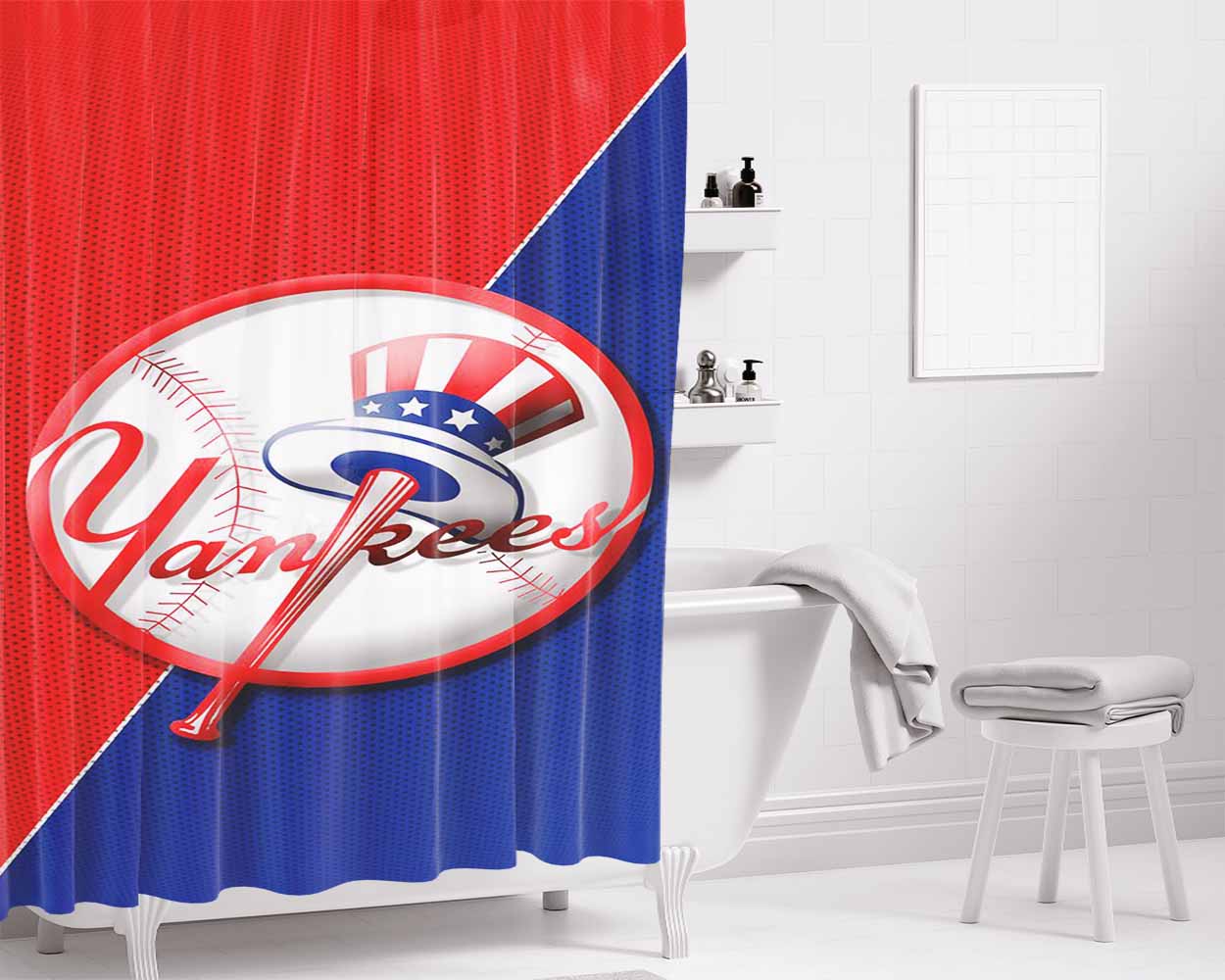 Yankees Newyork Split Blue Bathroom Shower Curtain Fabric Waterproof | 66 X 72 Inch