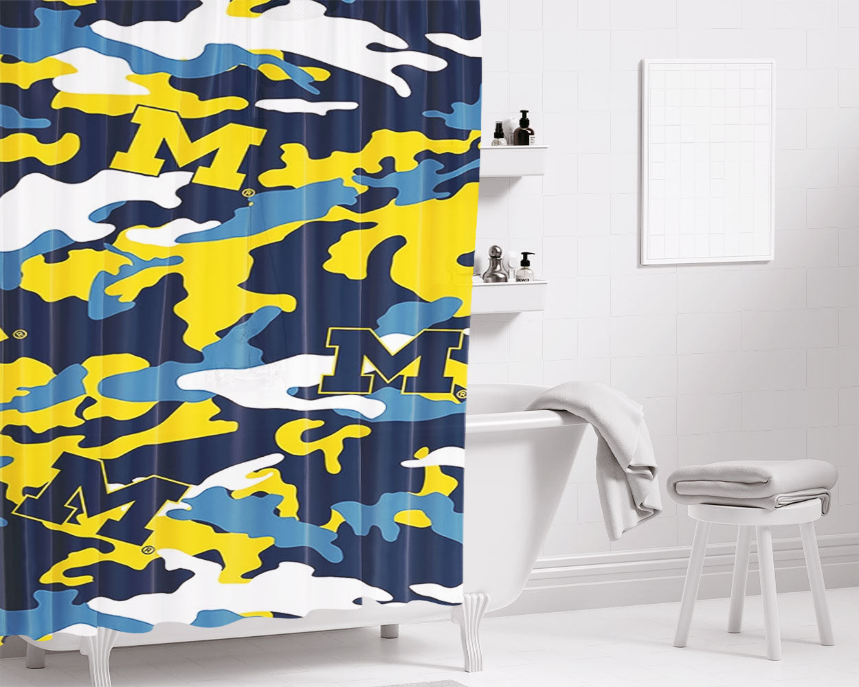 M Michigan Logo Camouflage Bathroom Shower Curtain Fabric Waterproof | 66 X 72 Inch