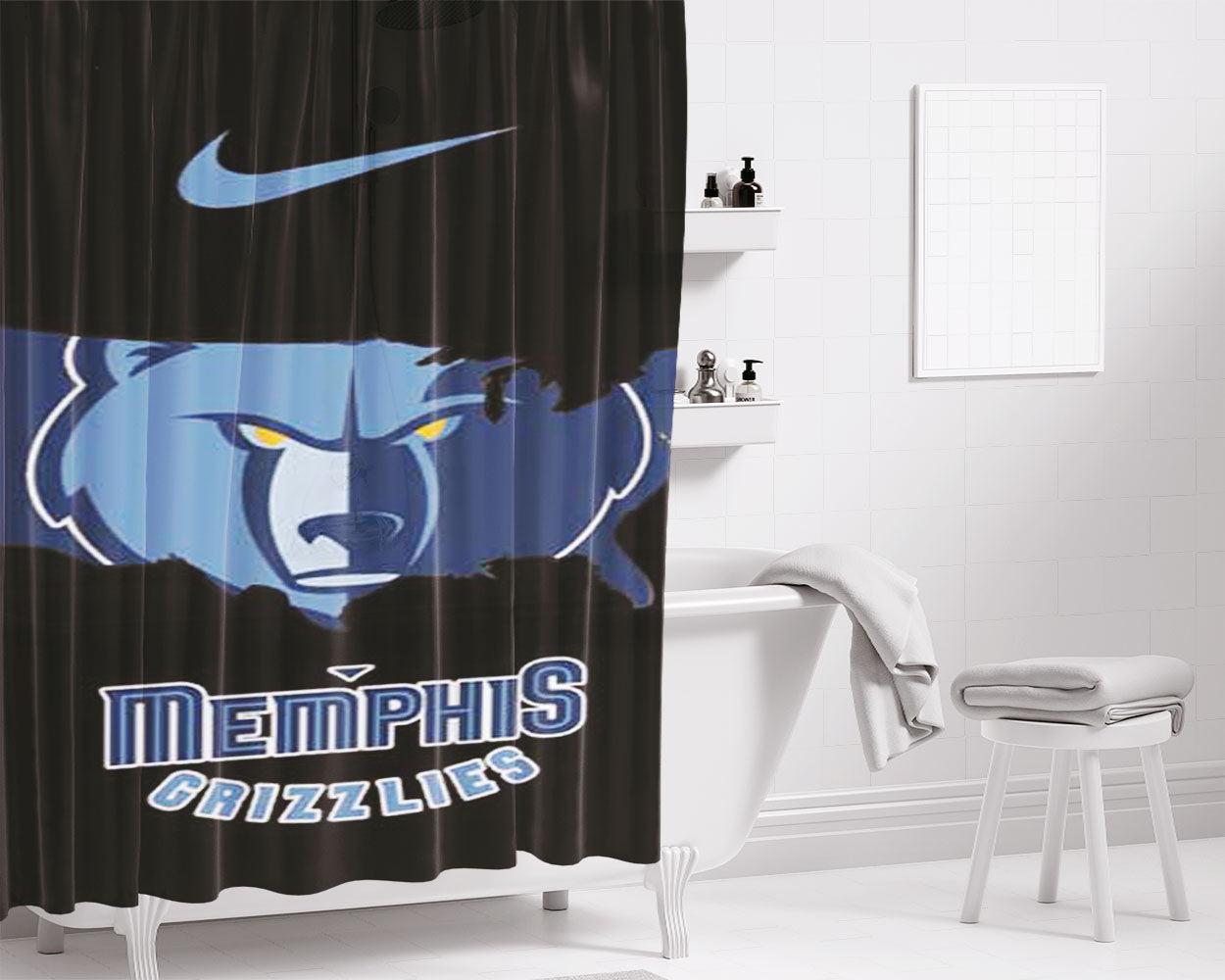 Memphis Grizzlies Logo Usa Cutout Bathroom Shower Curtain Fabric Waterproof | 66 X 72 Inch