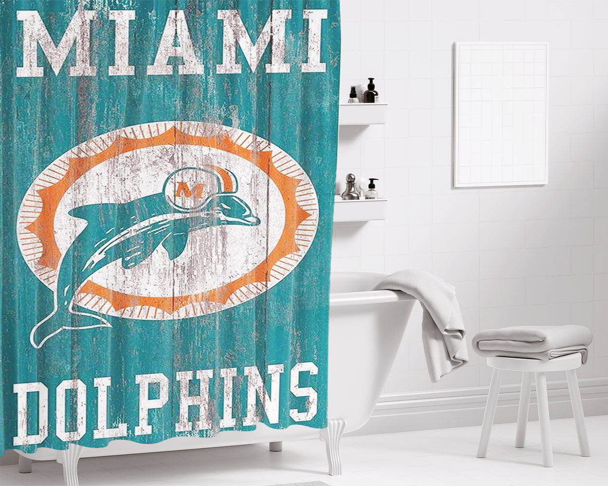 Miami Dolphins Wood Texture Style Bathroom Shower Curtain Fabric Waterproof | 66 X 72 Inch