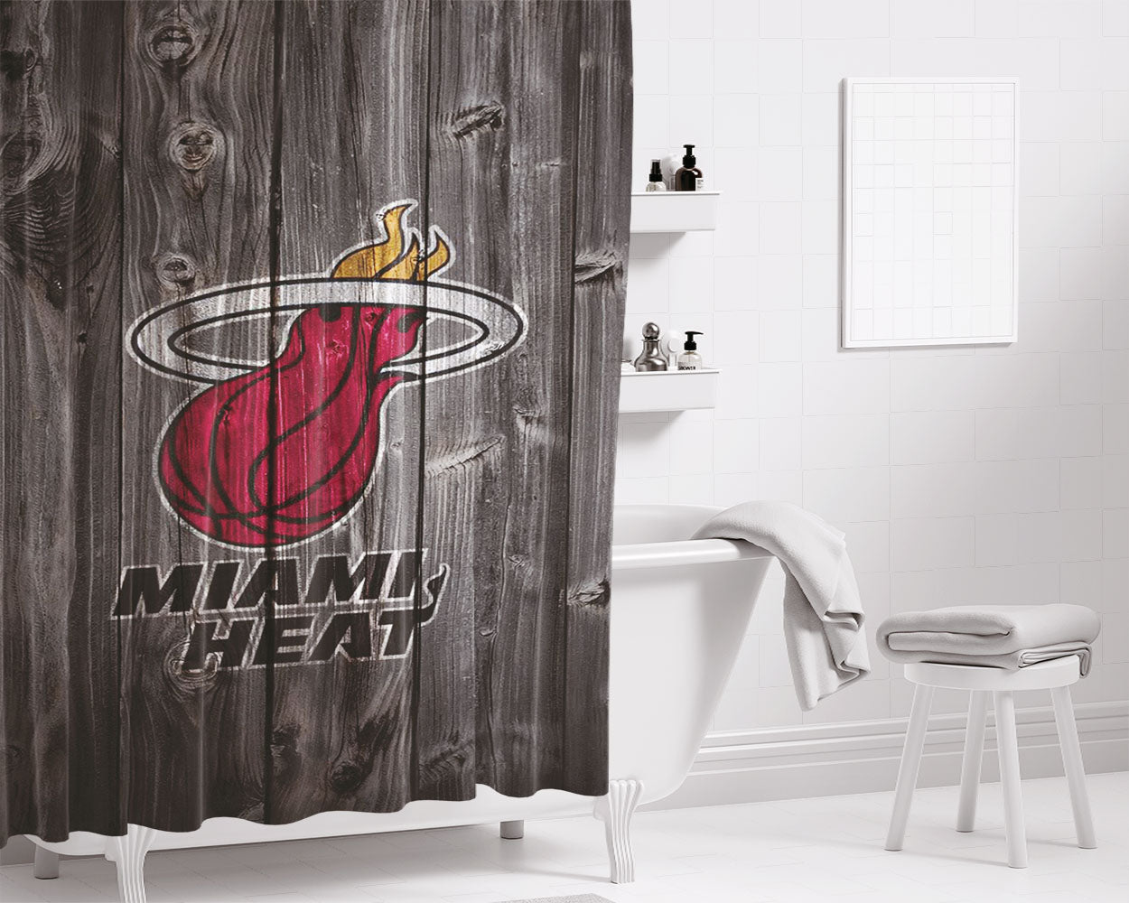Miami Heat Nba Logo Dark Wood Wallpaper Bathroom Shower Curtain Fabric Waterproof | 66 X 72 Inch