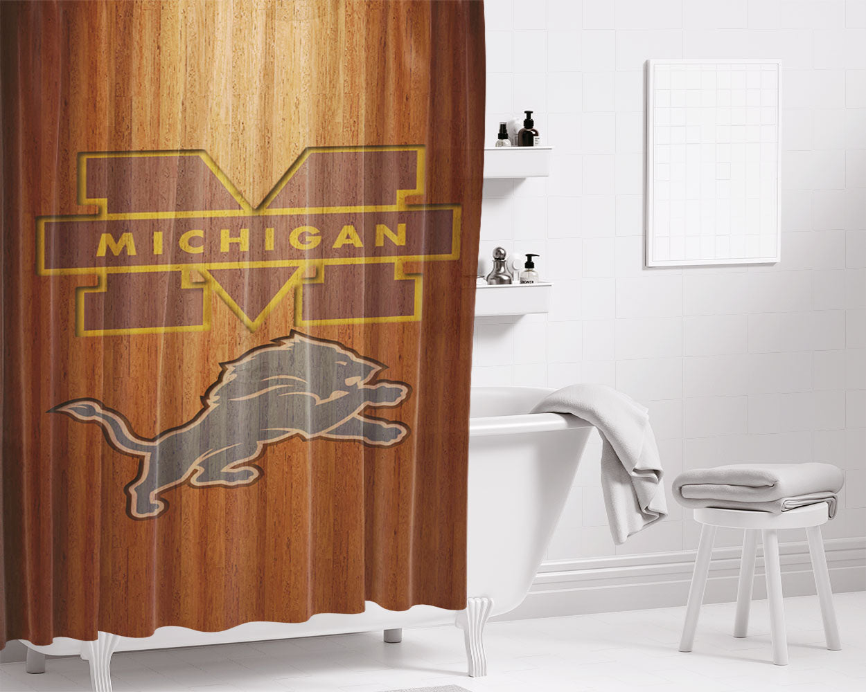 Michigan Lions Logo Wood Wallpaper Bathroom Shower Curtain Fabric Waterproof | 66 X 72 Inch