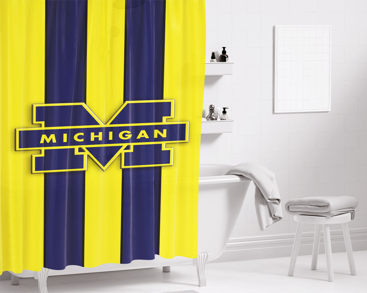 Michigan University Wolverines Stripe Logo Bathroom Shower Curtain Fabric Waterproof | 66 X 72 Inch