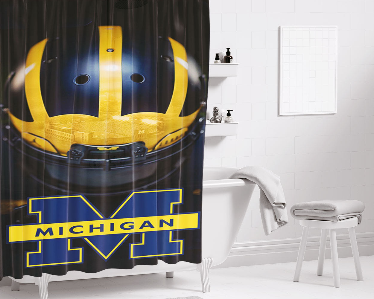 Michigan Wolverines Helmet Bathroom Shower Curtain Fabric Waterproof | 66 X 72 Inch