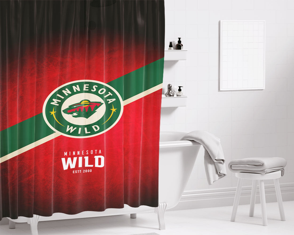 Minnesota Nhl Bathroom Shower Curtain Fabric Waterproof | 66 X 72 Inch