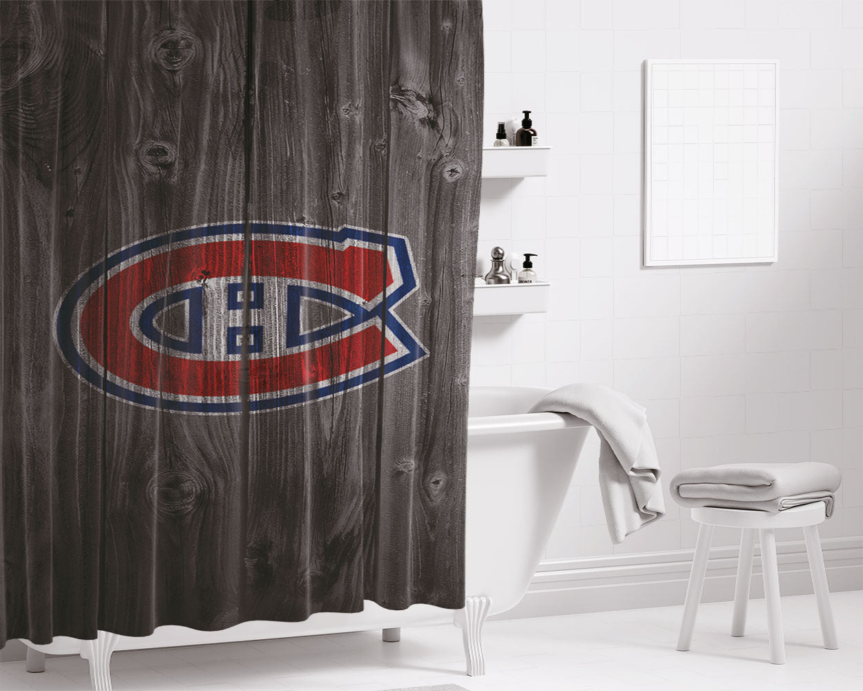Montreal Canadiens Nhl Logo Dark Wood Wallpaper Bathroom Shower Curtain Fabric Waterproof | 66 X 72 Inch