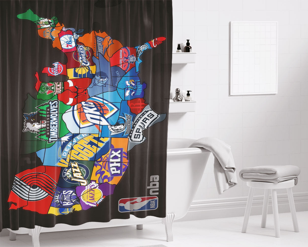 Nba Usa Collages Team Bathroom Shower Curtain Fabric Waterproof | 66 X 72 Inch