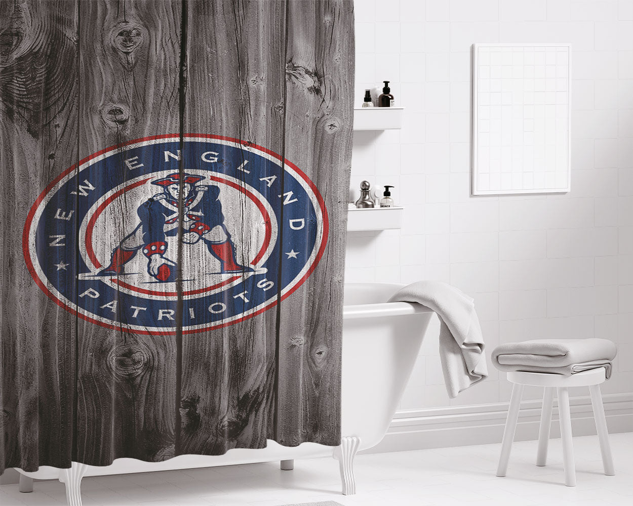 New England Patriots Throwback Logo Dark Wood Bathroom Shower Curtain Fabric Waterproof | 66 X 72 Inch