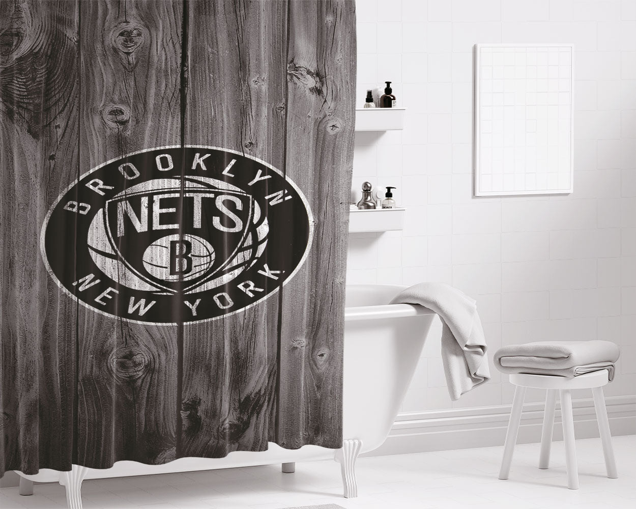 New York Brooklyn Nets Nba Logo Dark Wood Wallpaper Bathroom Shower Curtain Fabric Waterproof | 66 X 72 Inch