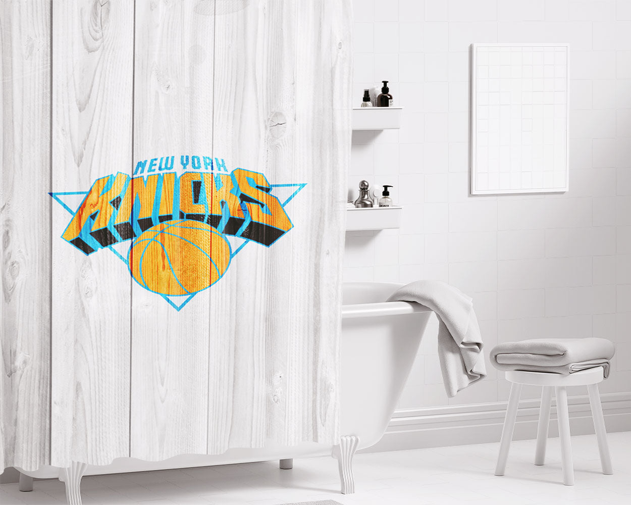 New York Knicks Nba Logo White Wood Wallpaper Bathroom Shower Curtain Fabric Waterproof | 66 X 72 Inch