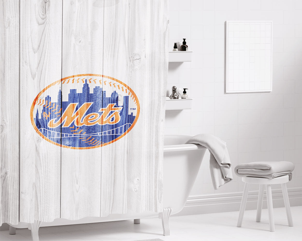 New York Mets Mlb Logo White Wood Wallpaper Bathroom Shower Curtain Fabric Waterproof | 66 X 72 Inch