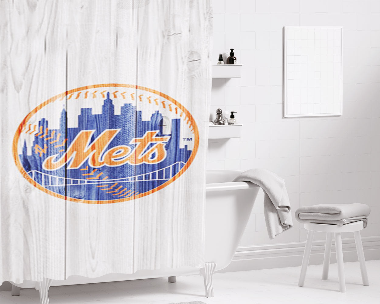 New York Mets White Wood Bathroom Shower Curtain Fabric Waterproof | 66 X 72 Inch