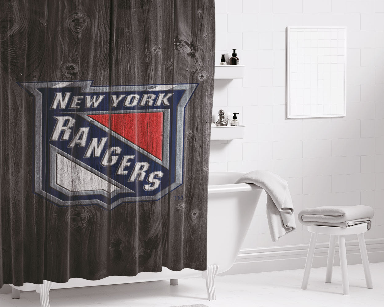 New York Rangers Nhl Logo Dark Wood Bathroom Shower Curtain Fabric Waterproof | 66 X 72 Inch