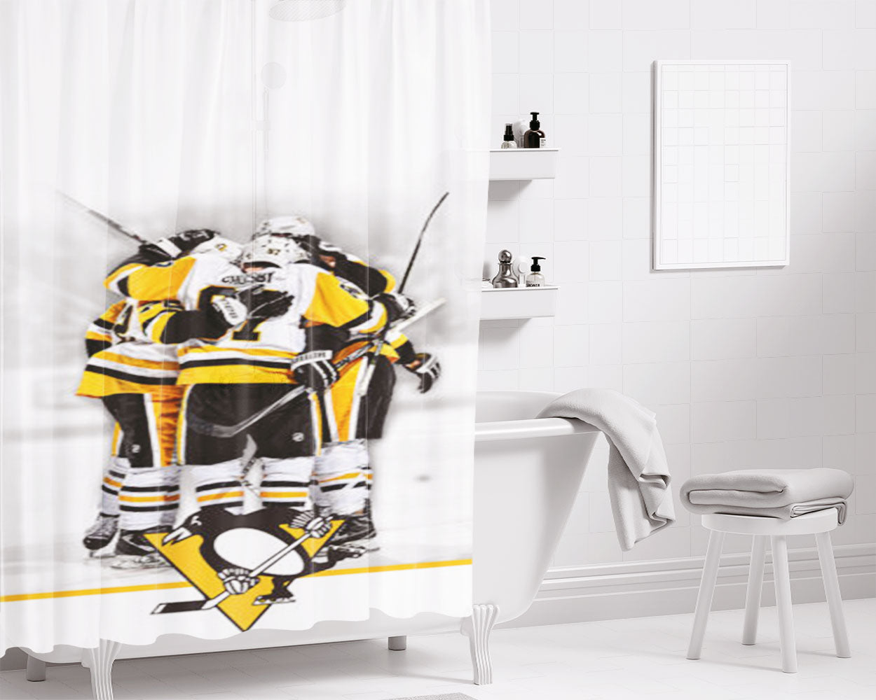Nhl Pittsburgh Penguins Bathroom Shower Curtain Fabric Waterproof | 66 X 72 Inch