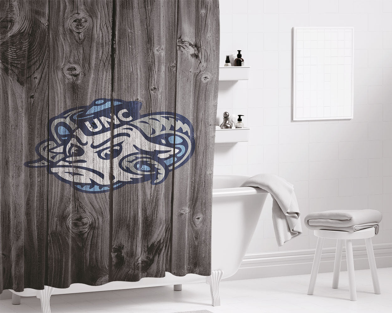 North Carolina University Tar Heels Bright Head Logo Dark Wood Bathroom Shower Curtain Fabric Waterproof | 66 X 72 Inch