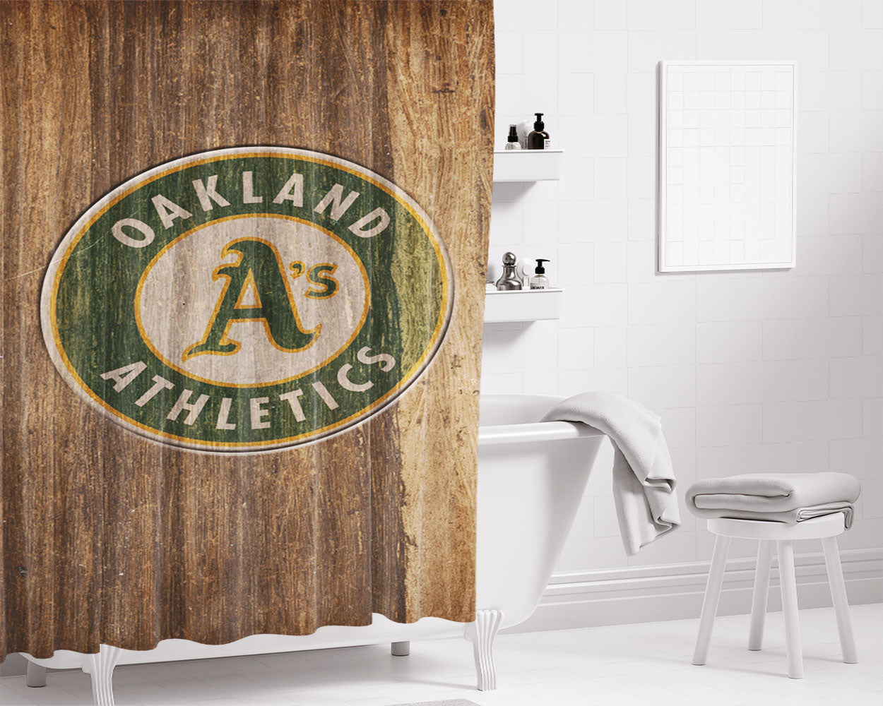 Oakland Athletics Logo Wood Bathroom Shower Curtain Fabric Waterproof | 66 X 72 Inch