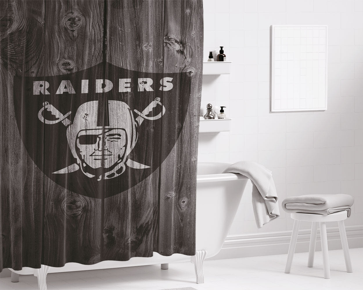 Oakland Raiders Nfl Logo Dark Wood Wallpaper Bathroom Shower Curtain Fabric Waterproof | 66 X 72 Inch