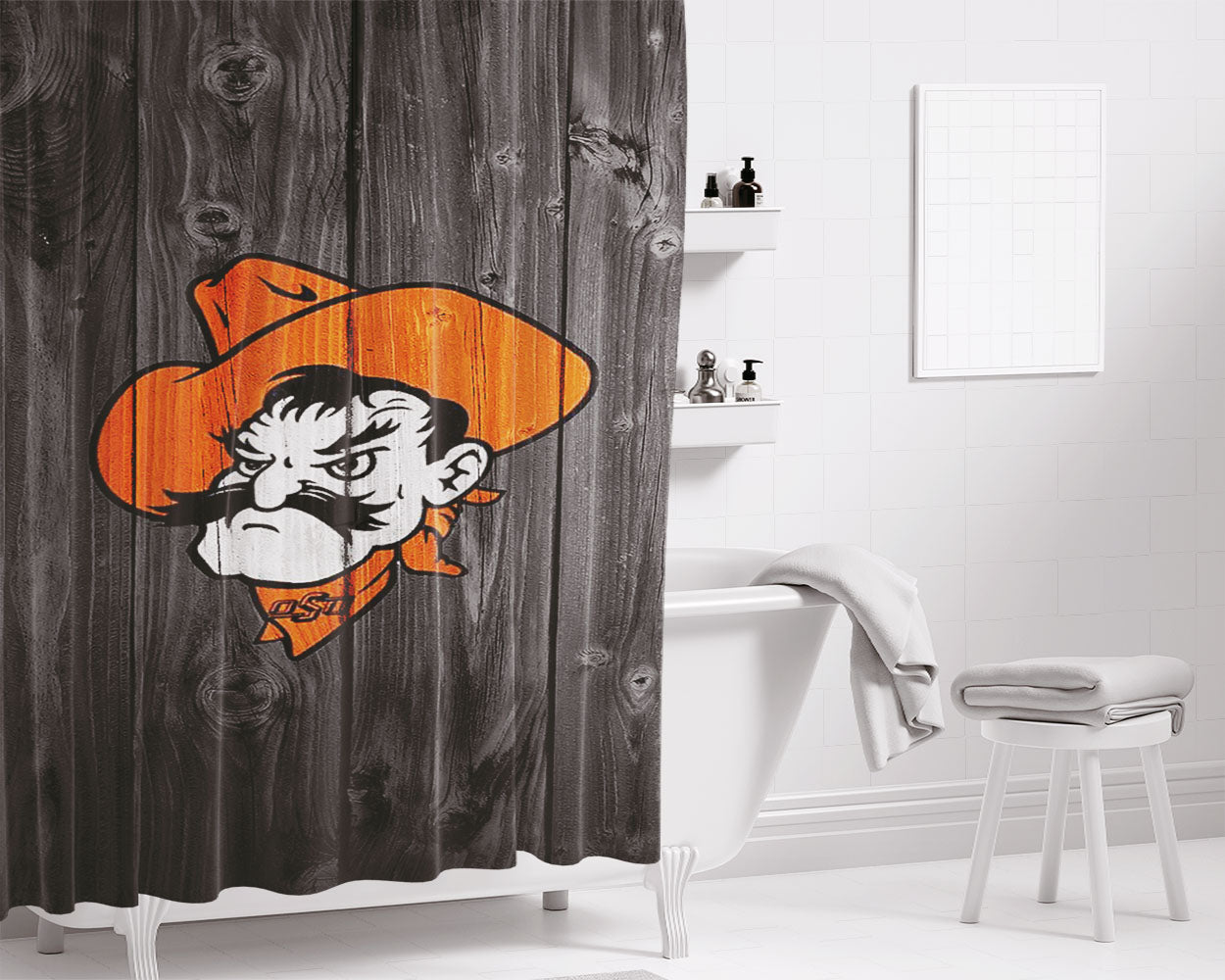 Oklahoma State Pistol Pete Logo Dark Wood Wallpaper Bathroom Shower Curtain Fabric Waterproof | 66 X 72 Inch