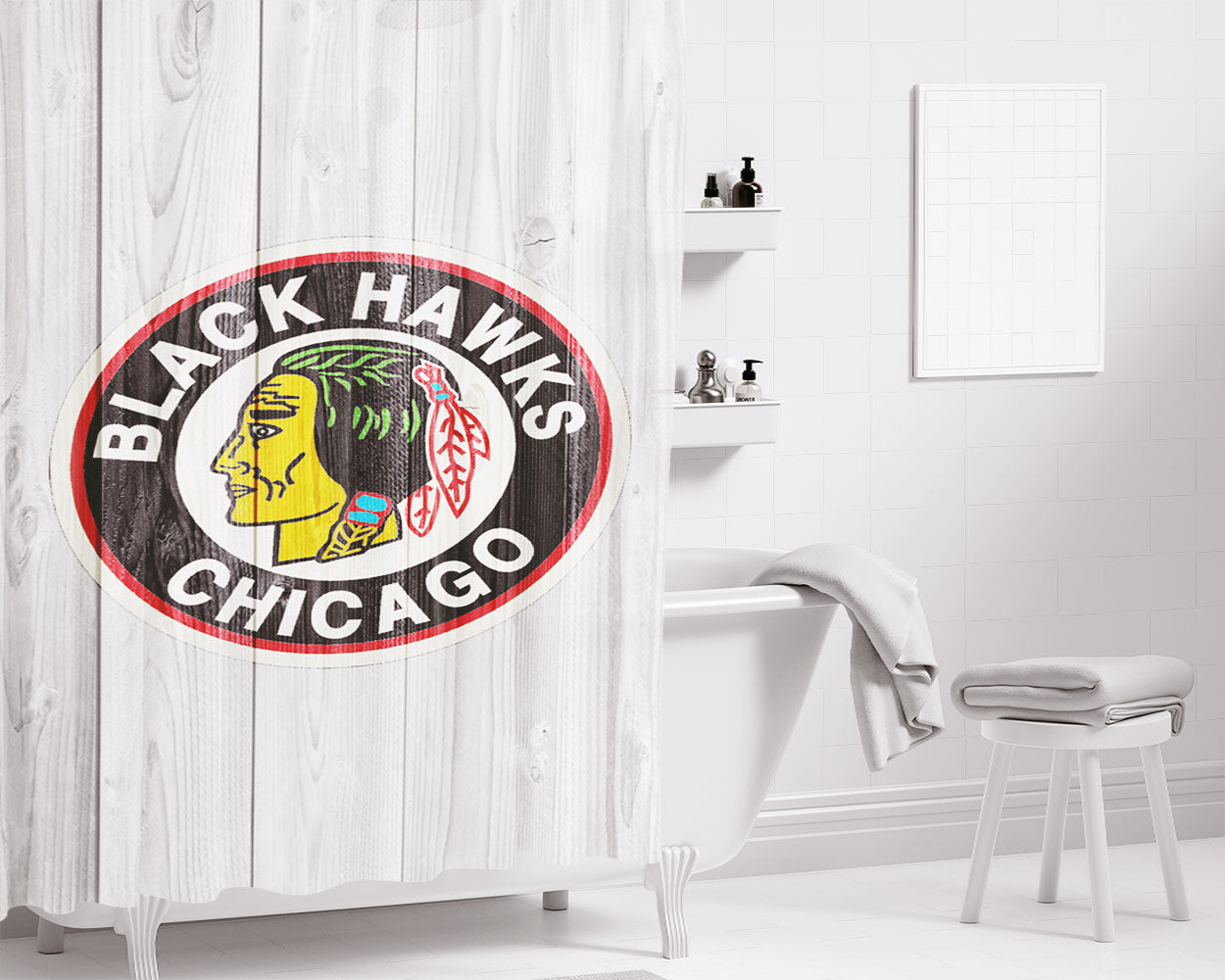 Old Chicago Blackhawks Nhl Logo White Wood Wallpaper Bathroom Shower Curtain Fabric Waterproof | 66 X 72 Inch