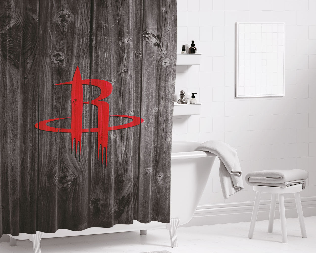 Old Houston Rockets Logo Dark Wood Wallpaper Bathroom Shower Curtain Fabric Waterproof | 66 X 72 Inch