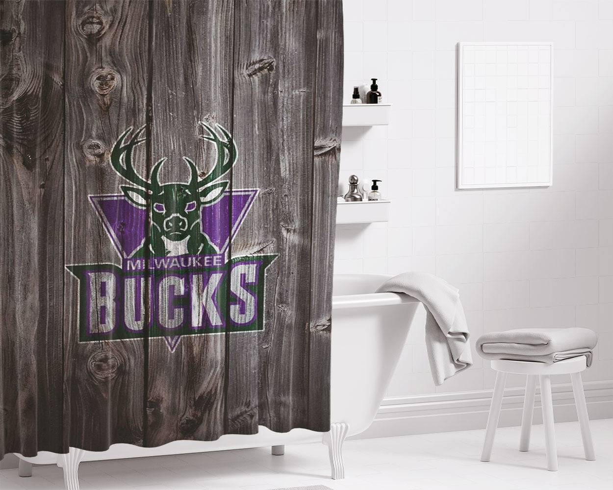 Old Milwaukee Bucks Nba Logo Dark Wood Wallpaper Bathroom Shower Curtain Fabric Waterproof | 66 X 72 Inch