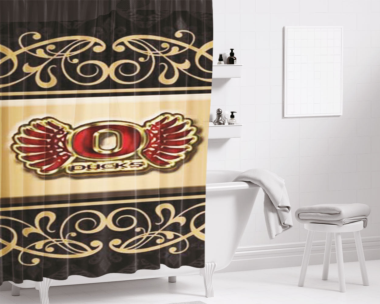 Oregon Ducks Ornate Frame Bathroom Shower Curtain Fabric Waterproof | 66 X 72 Inch