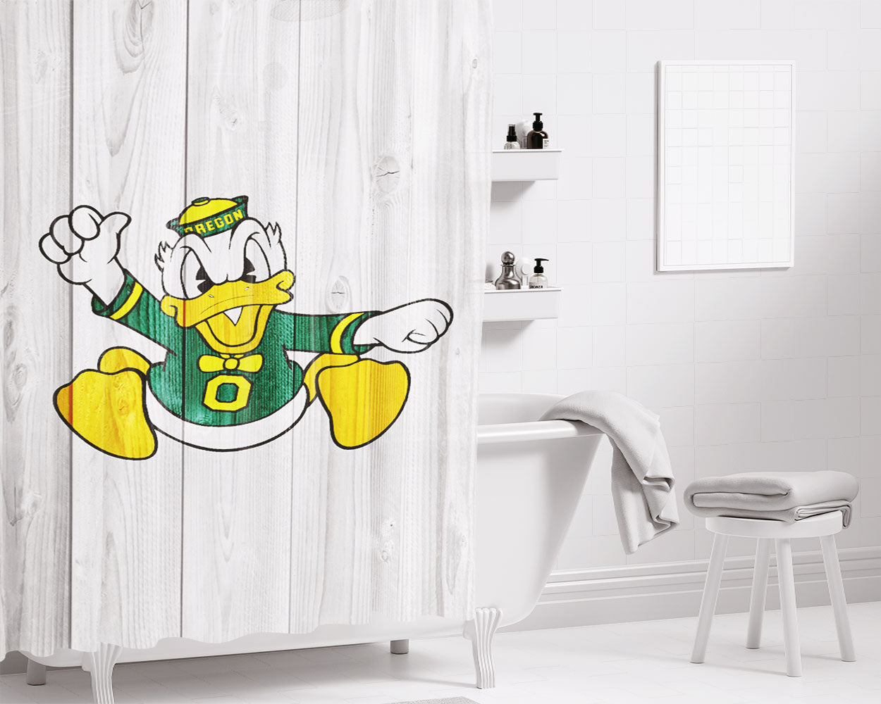 Oregon Ducks University Nfl Logo White Wood Bathroom Shower Curtain Fabric Waterproof | 66 X 72 Inch